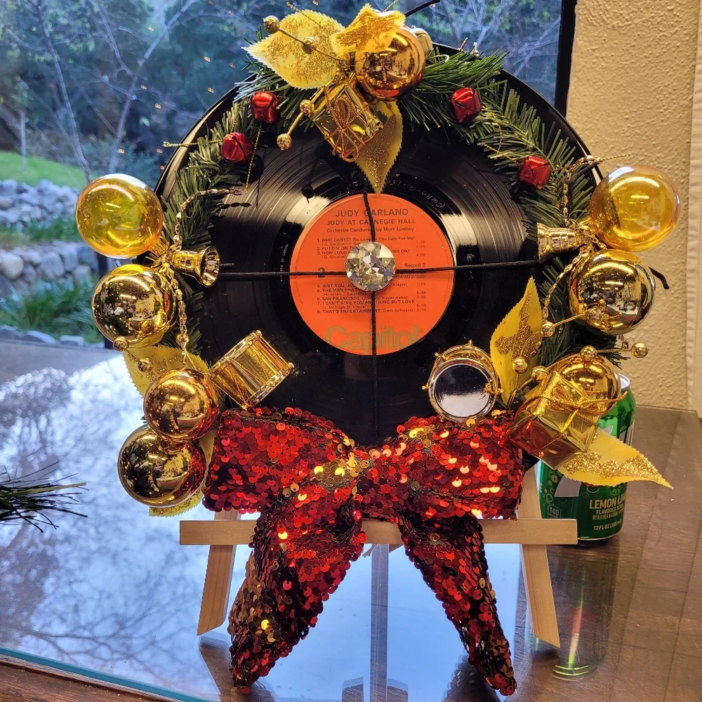 Festive Vinyl Record Holiday Wreath with Gold and Red Accents